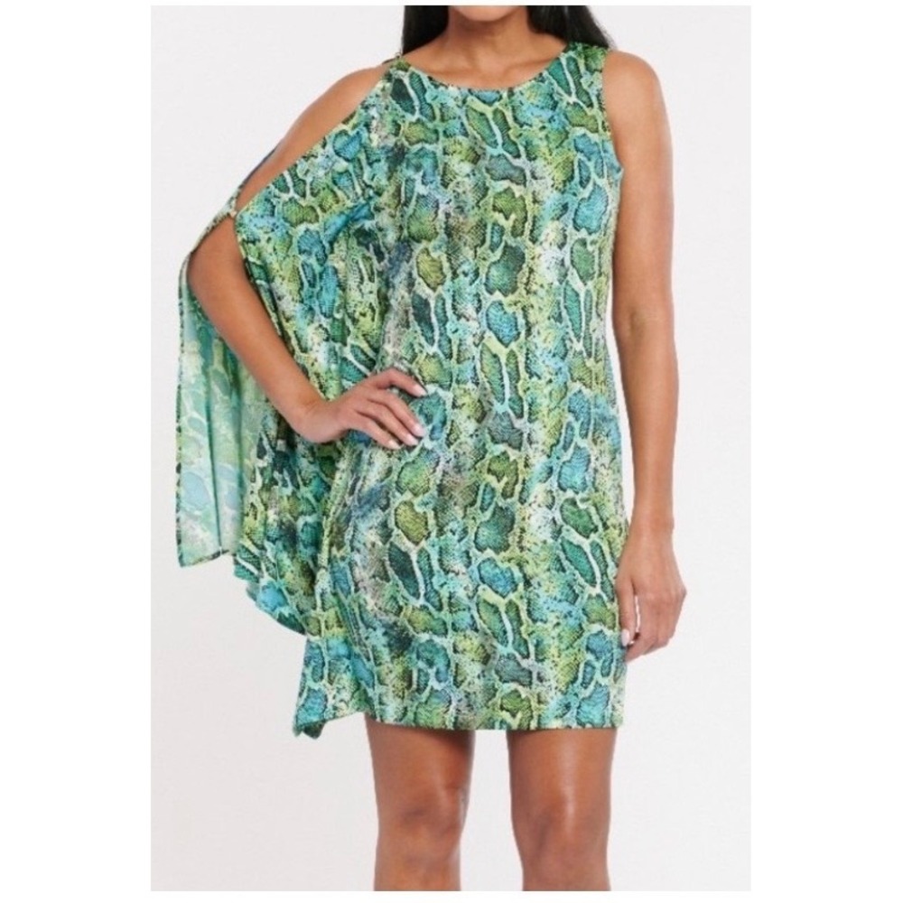 Coldesina Green Snake Print Asymmetrical Cape‎ Sleeve Mini Dress Size L NEW